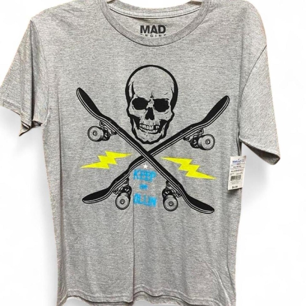 Gray Mad Engine cotton & polyester t-shirt with skull, crossed skateboards